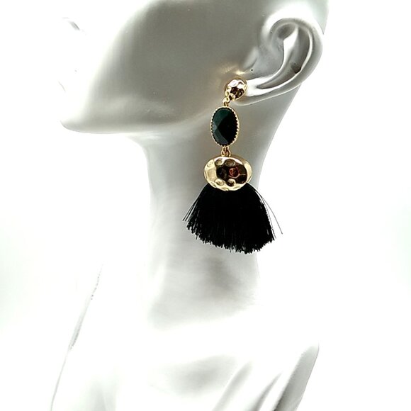 Black Hammered Gold Plated Tassel Post Earrings - Picture 1 of 6